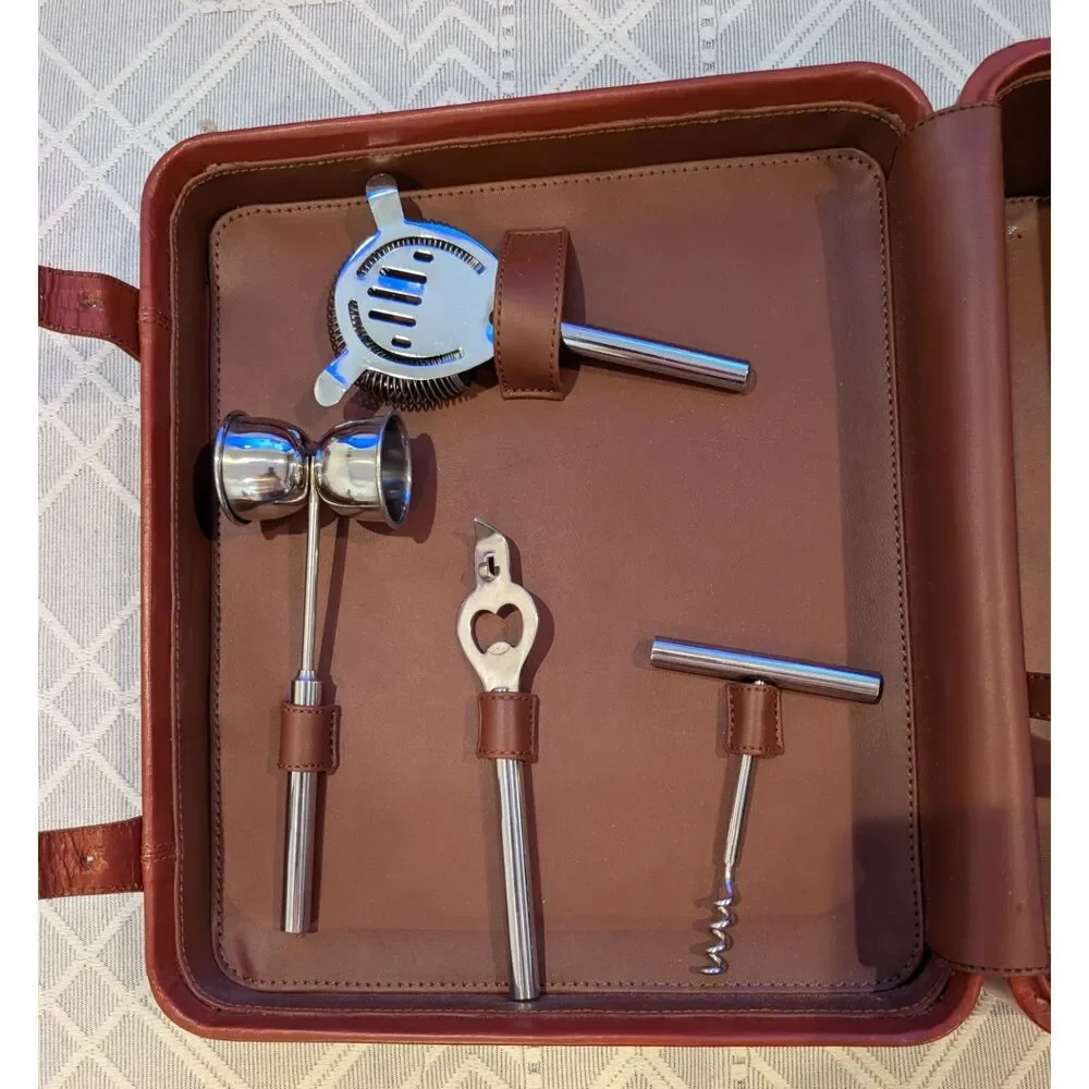 Pottery Barn Leather Bar Kit • Travel Case w/ Tools • Cocktail Set